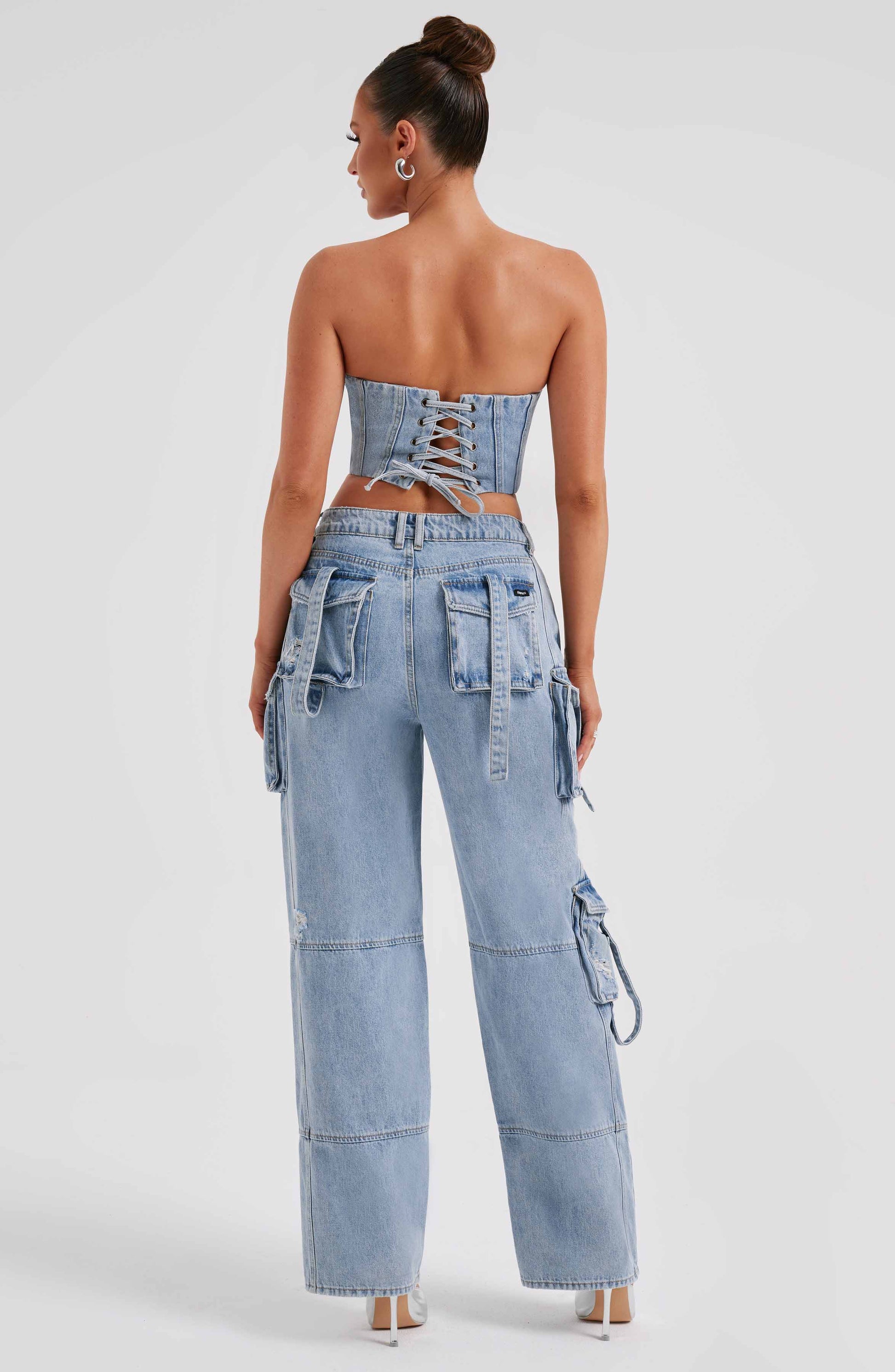 Herr Cargobyxor Hög Midja Denim Urban Stil-4