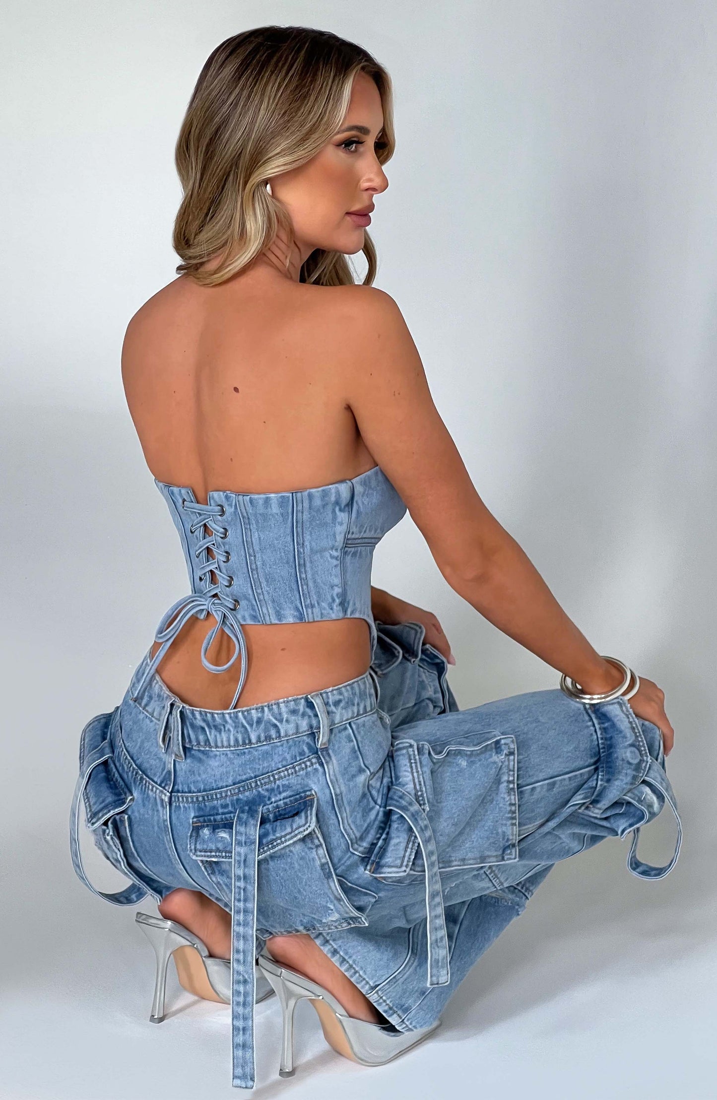 Herr Cargobyxor Hög Midja Denim Urban Stil-3
