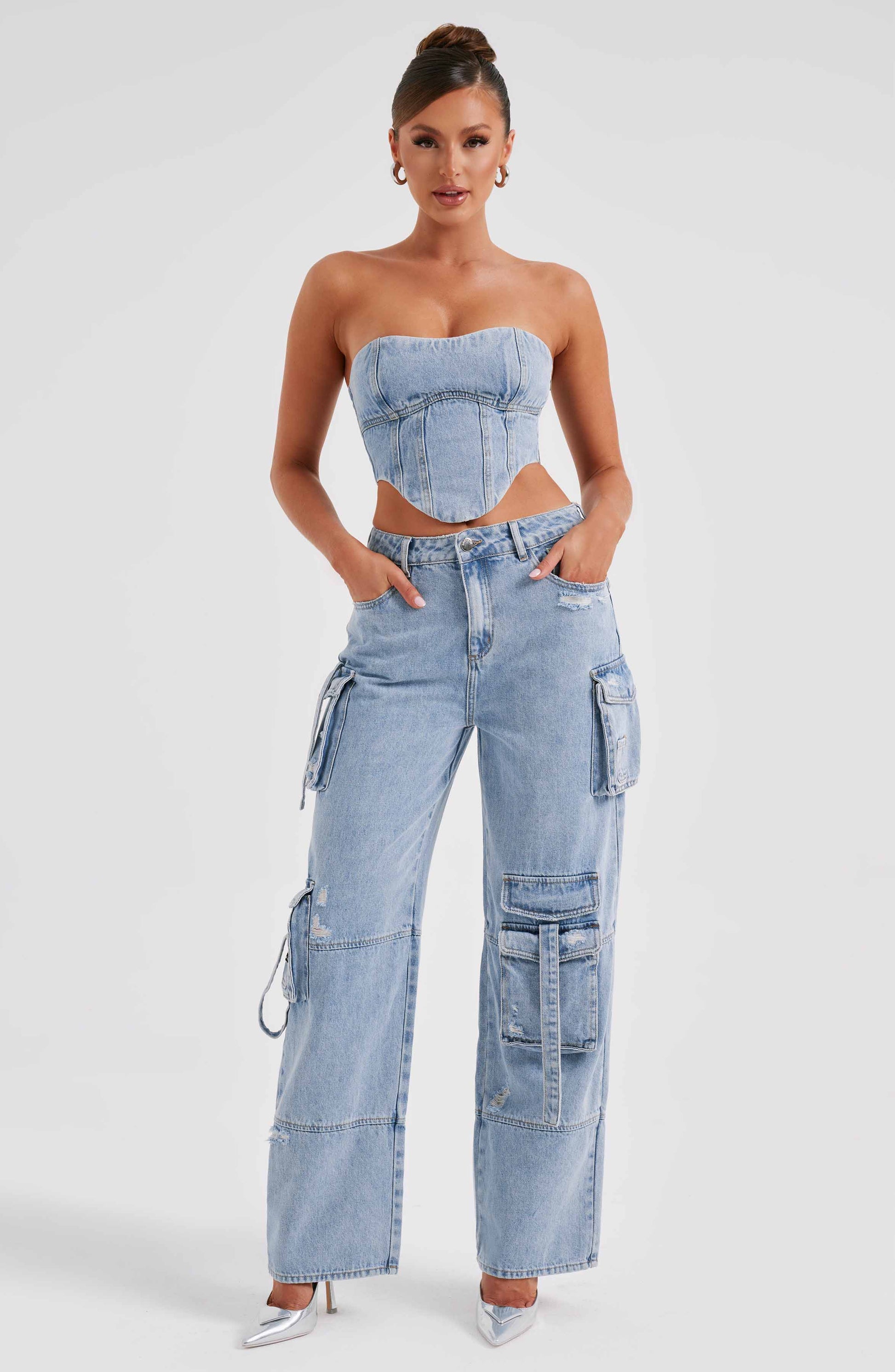 Herr Cargobyxor Hög Midja Denim Urban Stil-5
