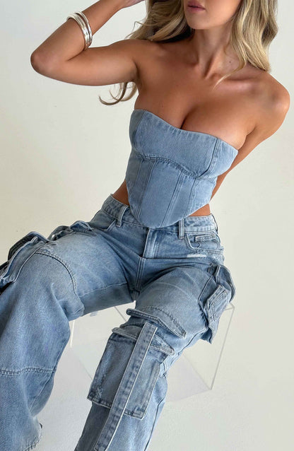 Herr Cargobyxor Hög Midja Denim Urban Stil-2