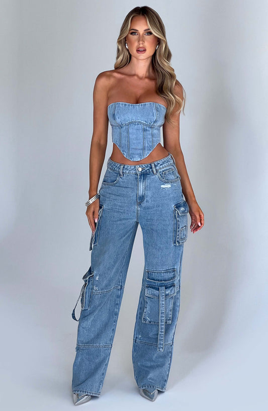 Herr Cargobyxor Hög Midja Denim Urban Stil-1
