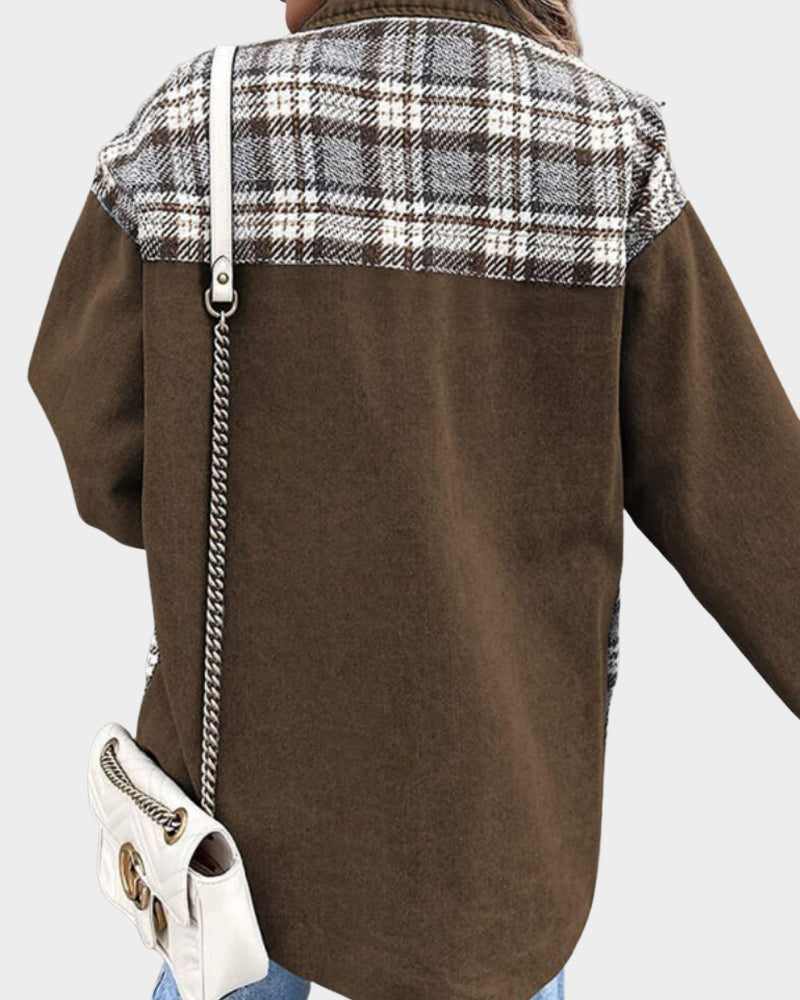Dam Höstväst Långärmad Kontrollmönster i Denim-4