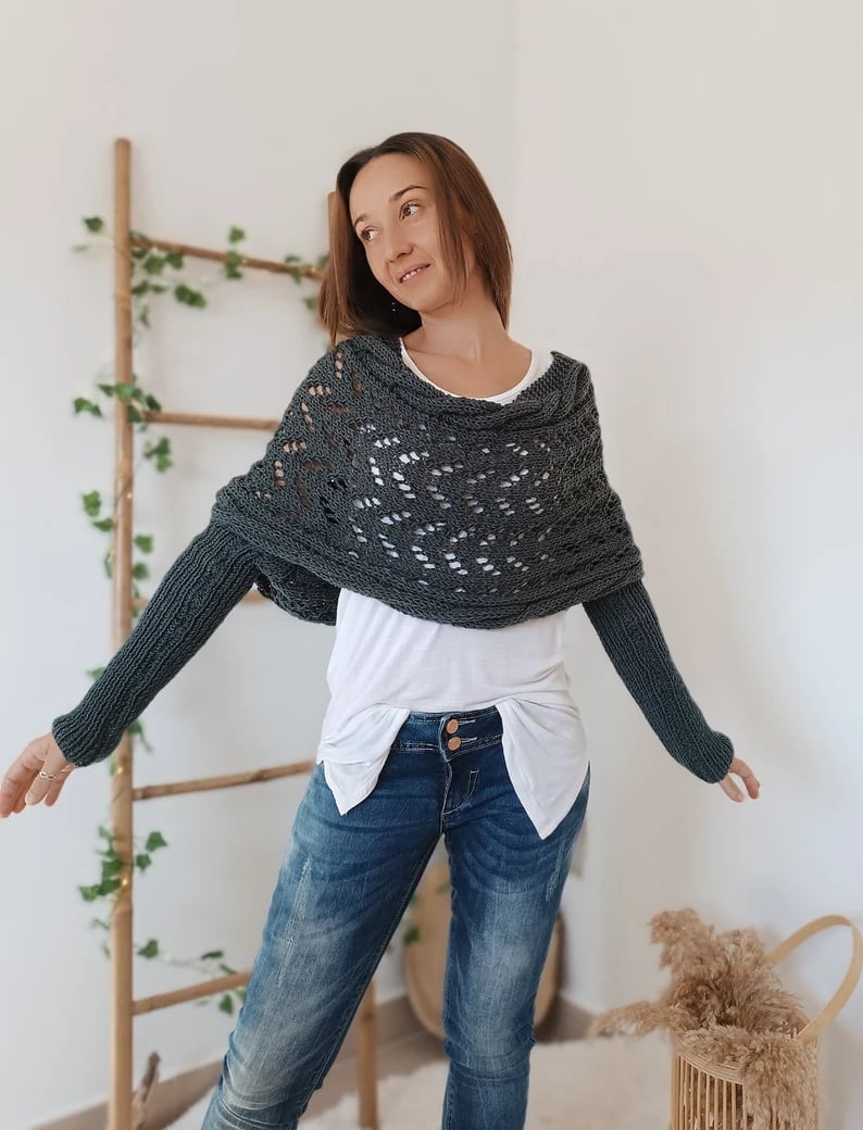 Kvinnors Sjal Vävda i Mjukt Wolff-material med Elegant Stickmönster-3