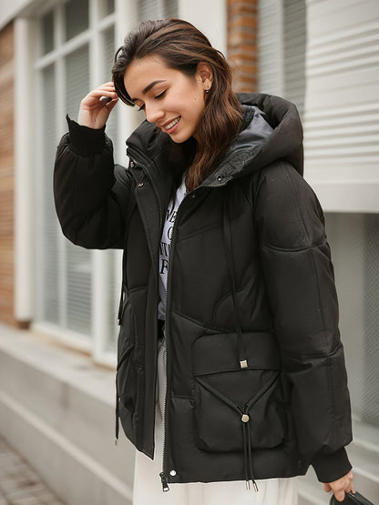 Lång Vinterrock Dam Med Huva Casual Polyester-5