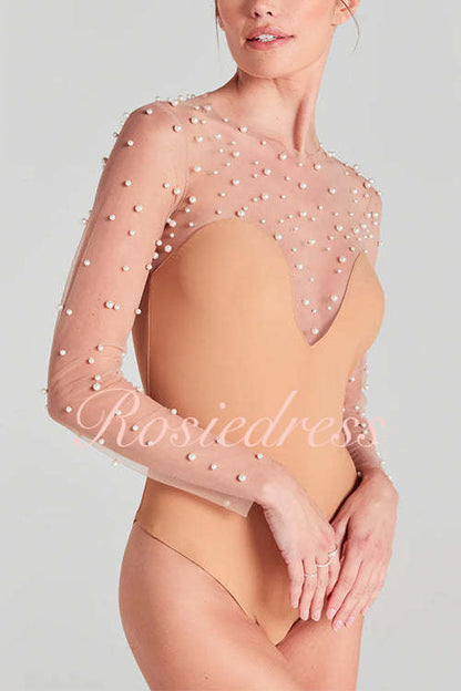 Dam Bodysuit Transparent Mesh med Pärldekoration Polyester-5