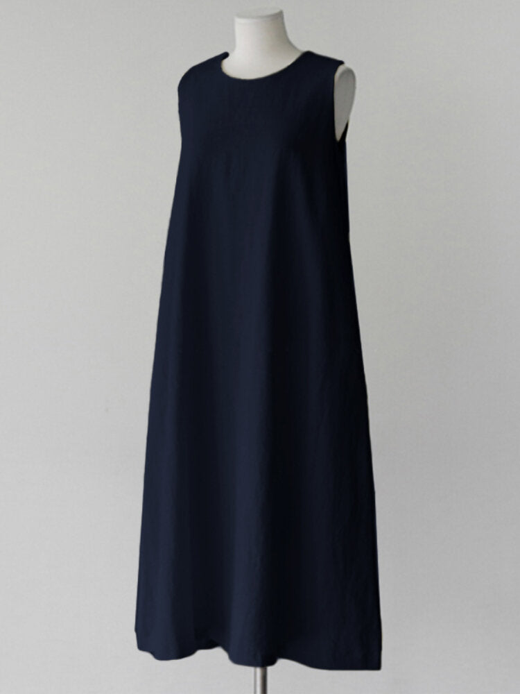 Variant image for Kvinnors Midi Klänning O-hals Avslappnad Bomull med Fickor-1