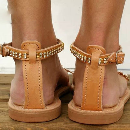 Dam Sandaler Platta PU-läder med Blommor och Strass-5