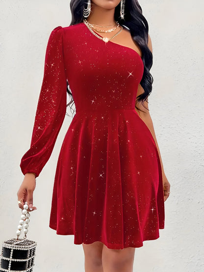 Kvinnors Klänning Asymmetrisk En-Axel Design Rufflar Kvalitativt Tyg-4