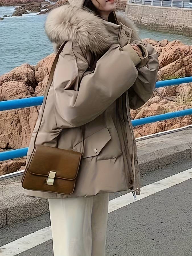 Lång Vinterrock Dam Överdimensionerad med Pälskrage Polyester 3