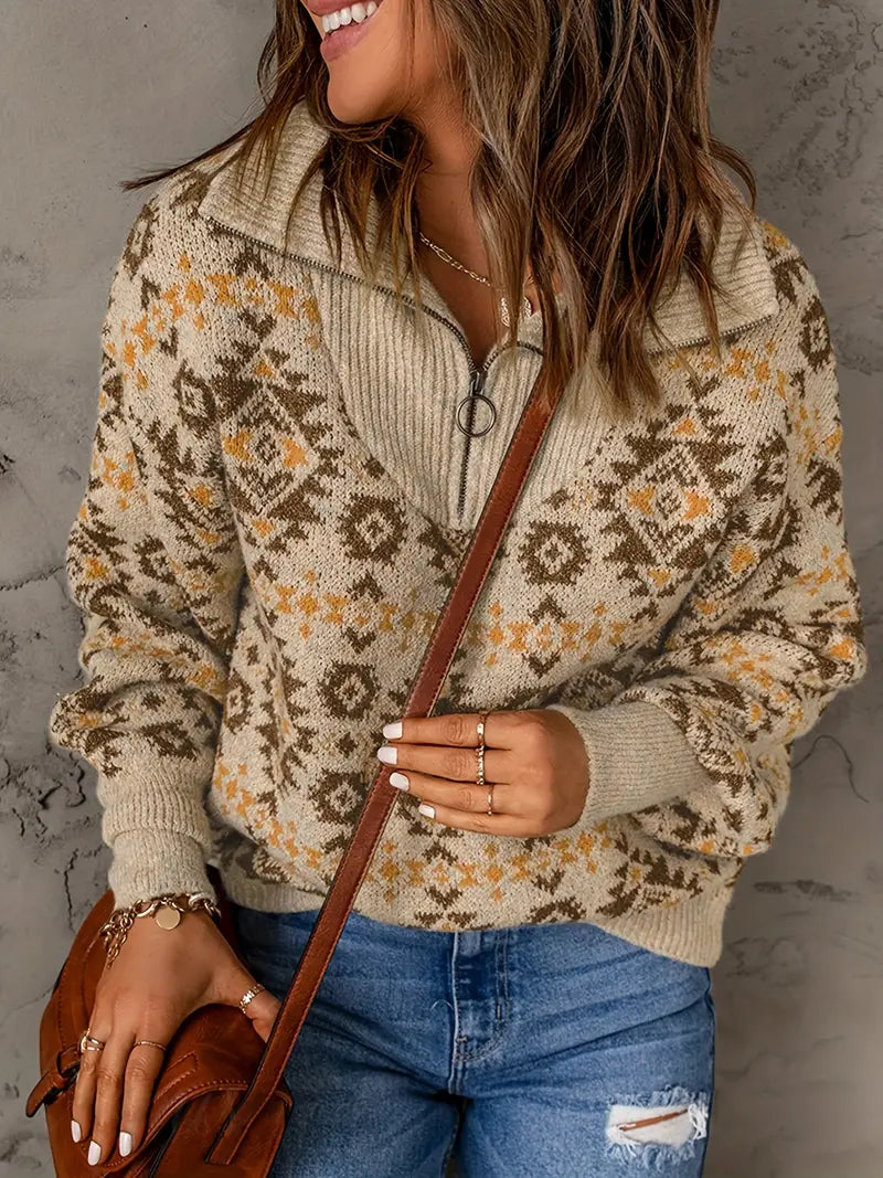 Dam Tröja med Dragkedja och Blommönster i Mjuk Kvalitetsmix-2