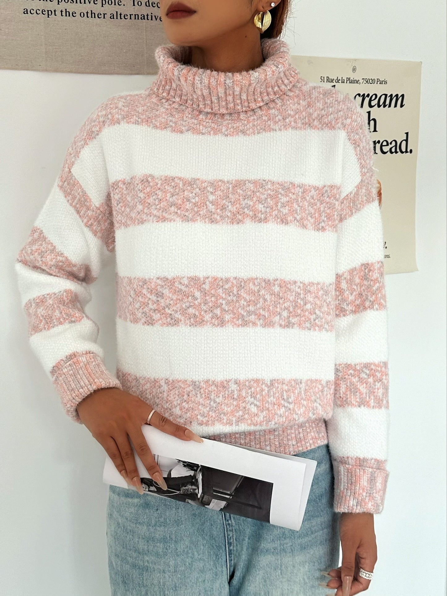 Stickad Dam Tröja Turtleneck Färgblock Mjuk Kvalitet-3