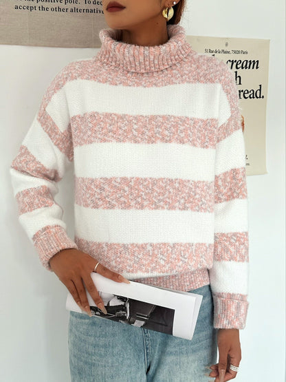 Stickad Dam Tröja Turtleneck Färgblock Mjuk Kvalitet-3