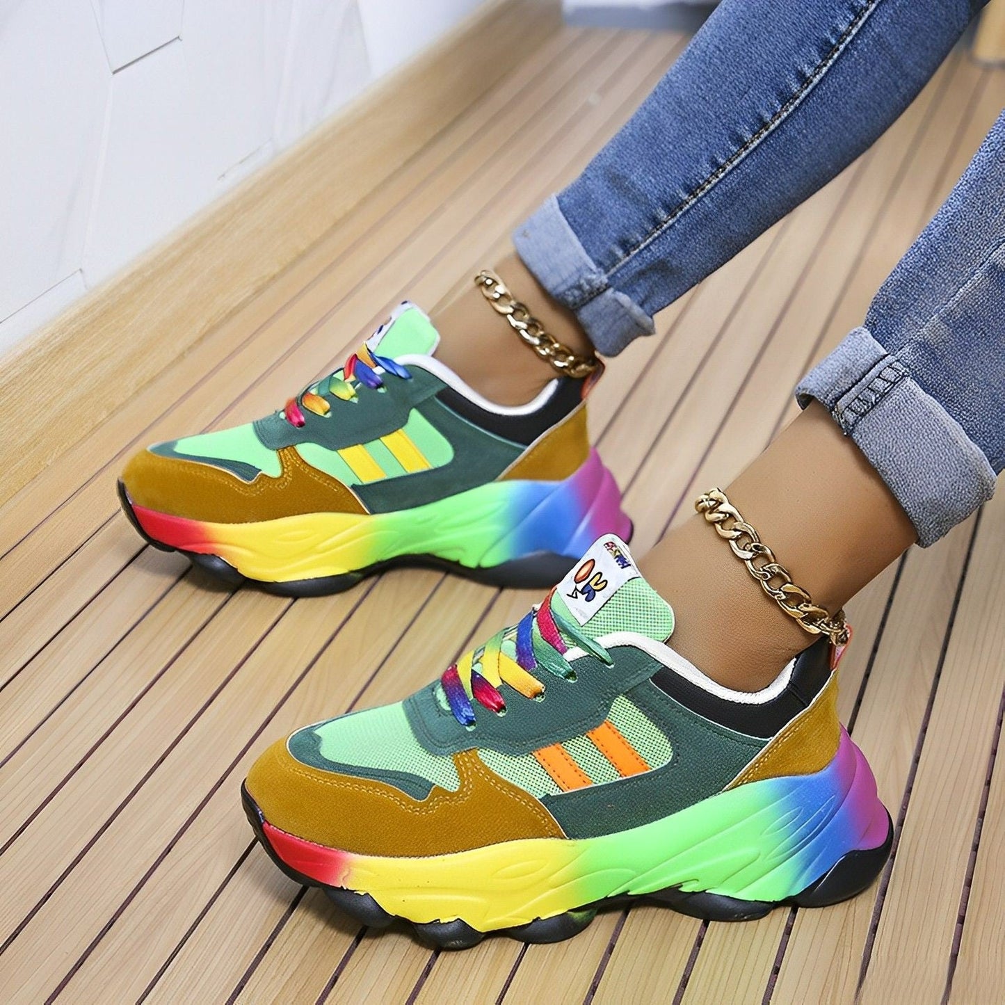 Kvinnors Chunky Sneakers Flerfärgad Läder Plattform-2