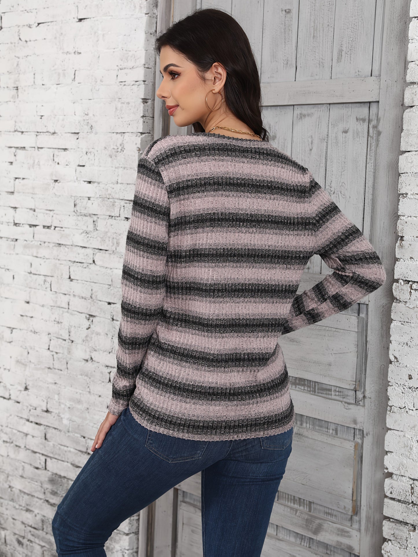 Kvinna Ribbad Tröja V-ringning Mjuk Stickad Tyg-3