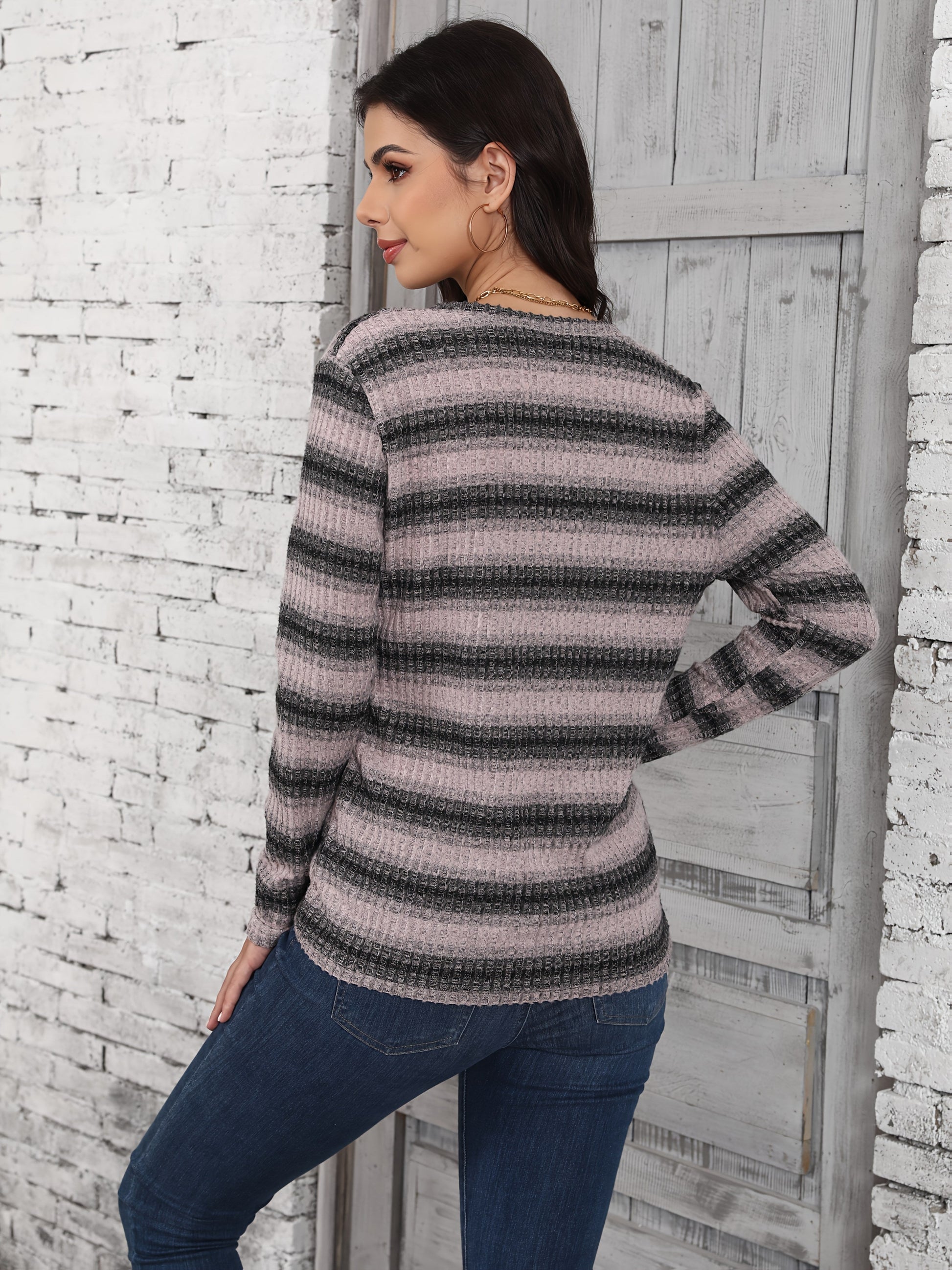 Kvinna Ribbad Tröja V-ringning Mjuk Stickad Tyg-3