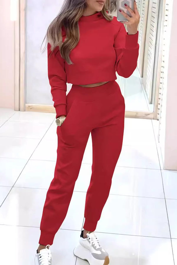 Kvinnors Höstset Långärmad Crop Top och Byxor Mjuk Tygblandning-2