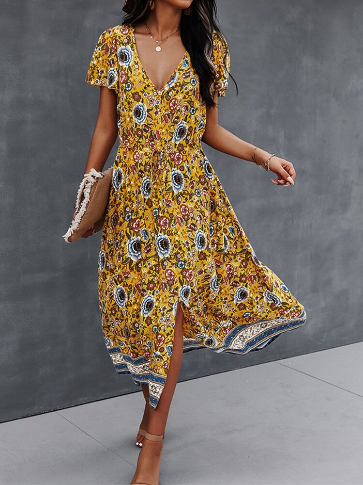 Kvinna MIDI Klänning V-ringning Blommönster Bomull Viskos 9