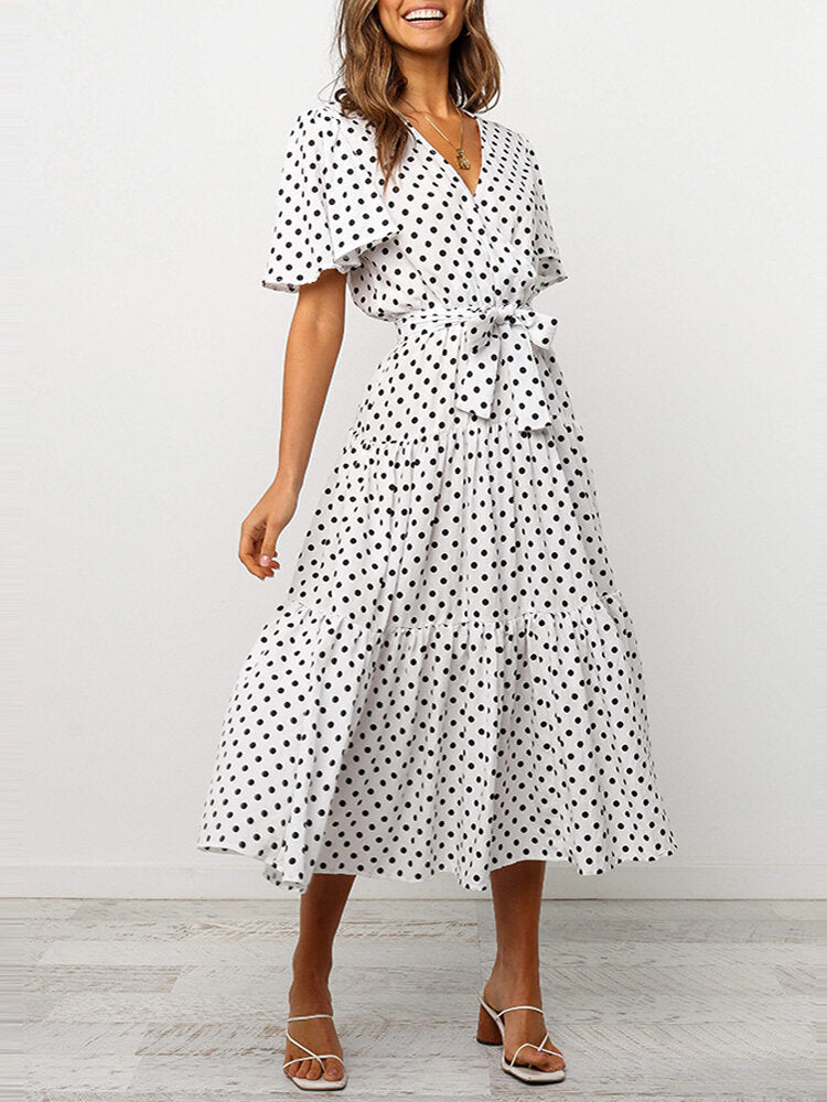 Kvinnors Midi Klänning V-hals Blommönster Polyester-5