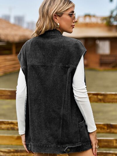 Dam Ärmlös Denimjacka Med Knappar Avslappnad Design-2