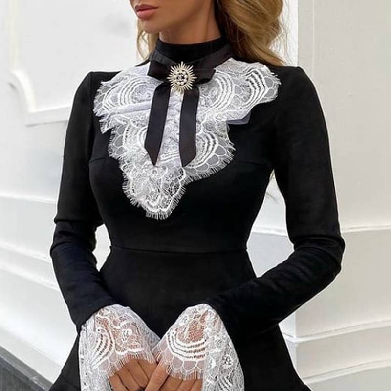 Dam Miniklänning A-linje O-krage i Bomull med Spetsdetaljer-3