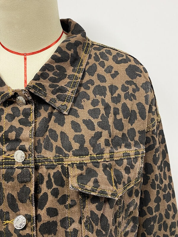 Dam Denimjacka Leopardmönster Långa Ärmar Denim-3