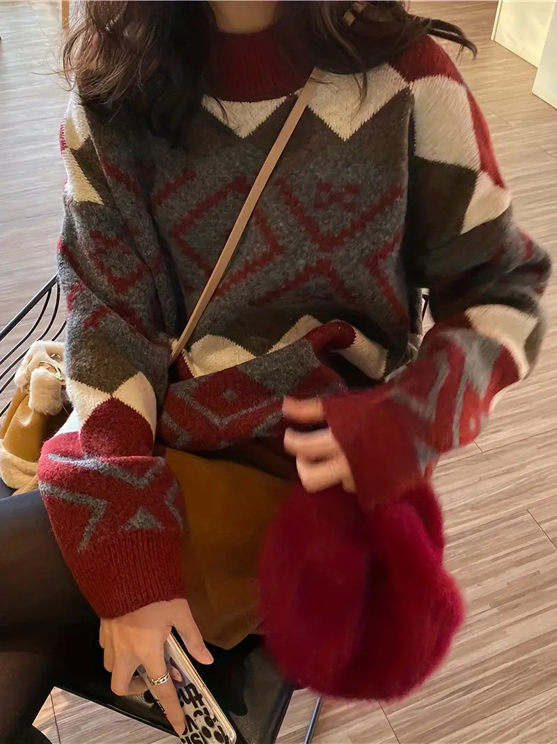 Variant image for Kvinnors Tröja Rund Halsringning Geometriskt Mönster Mjuk Fiberblandning-4