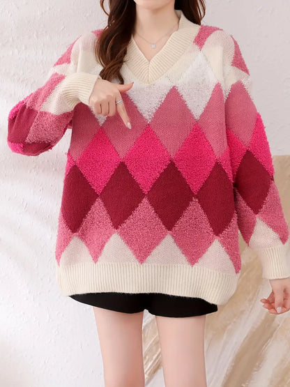 Stickad Dam Tröja V-ringning Diamantmönster Mjuk och Varm-1