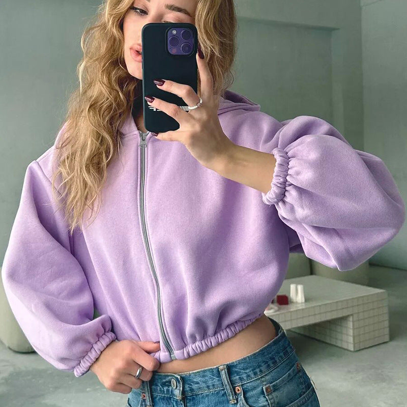 Dam Hoodie Kort Med Blixtlås Ballongärmar Bomullsblandning 10