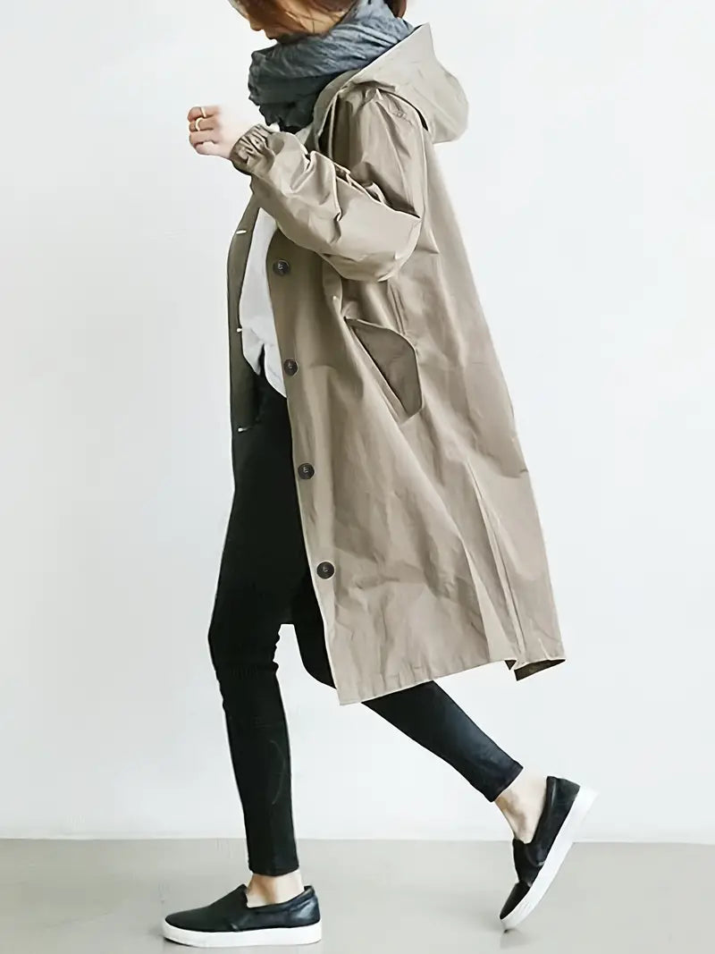 Lång Trenchcoat Dam med Huva och Justerbar Dragsko i Högkvalitativ Polyester-3