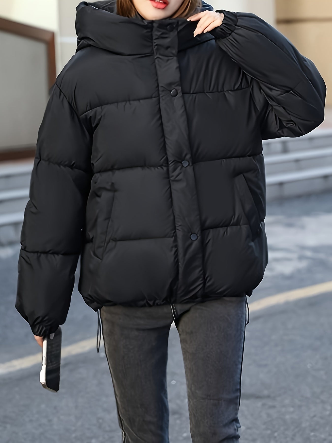 Kvinnors Kort Buffertjacka med Huva i Varmt Material-1