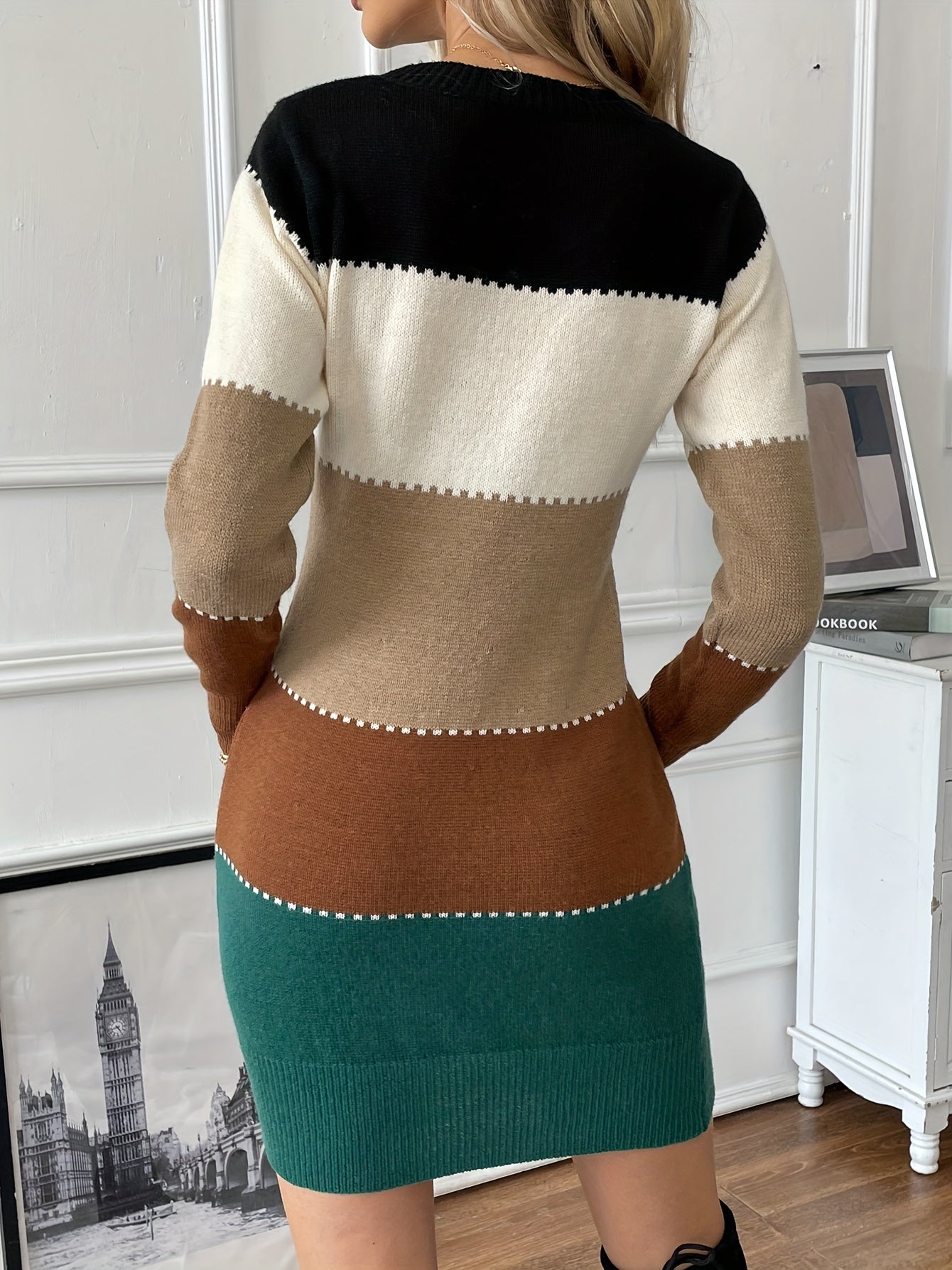 Kvinna Långärmad Klänning Färgblock Bomull Elasthan-6