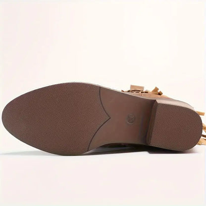 Dam Cowboystövlar med Tjock Klack och Fransar i Läder-5