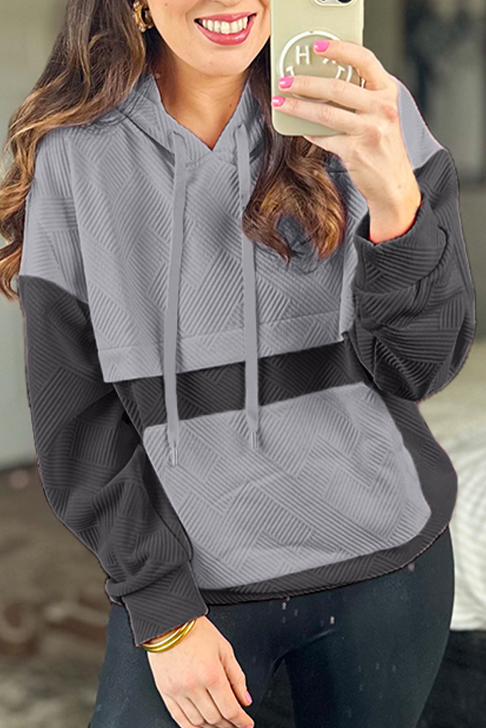 Lång Hoodie Dam Färgblockdesign 100% Bomull med Känguruväska-3