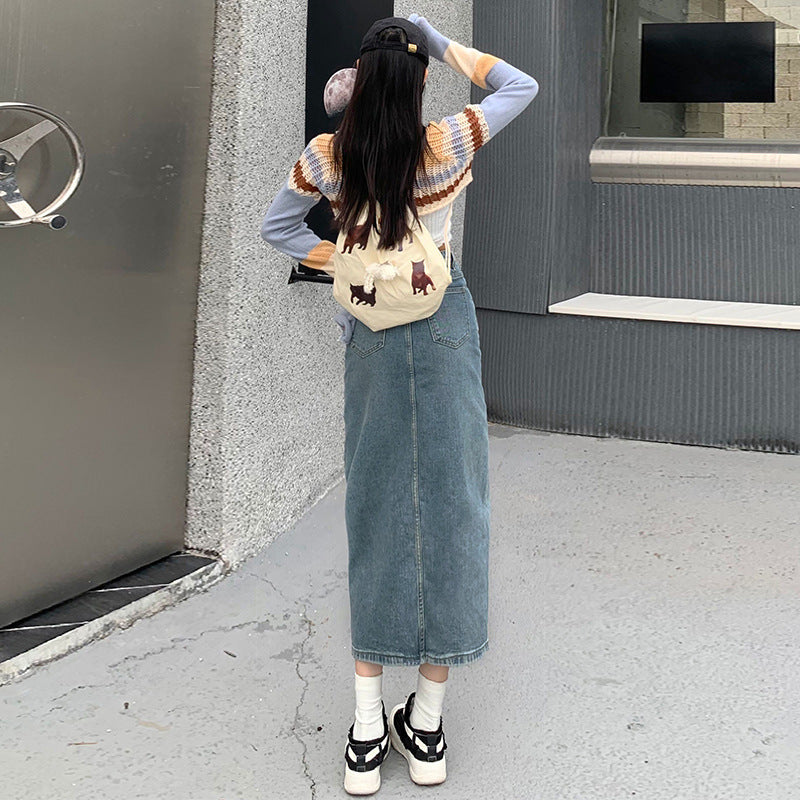 Kjol Dam Hög Midja Retro Denim Midi-3