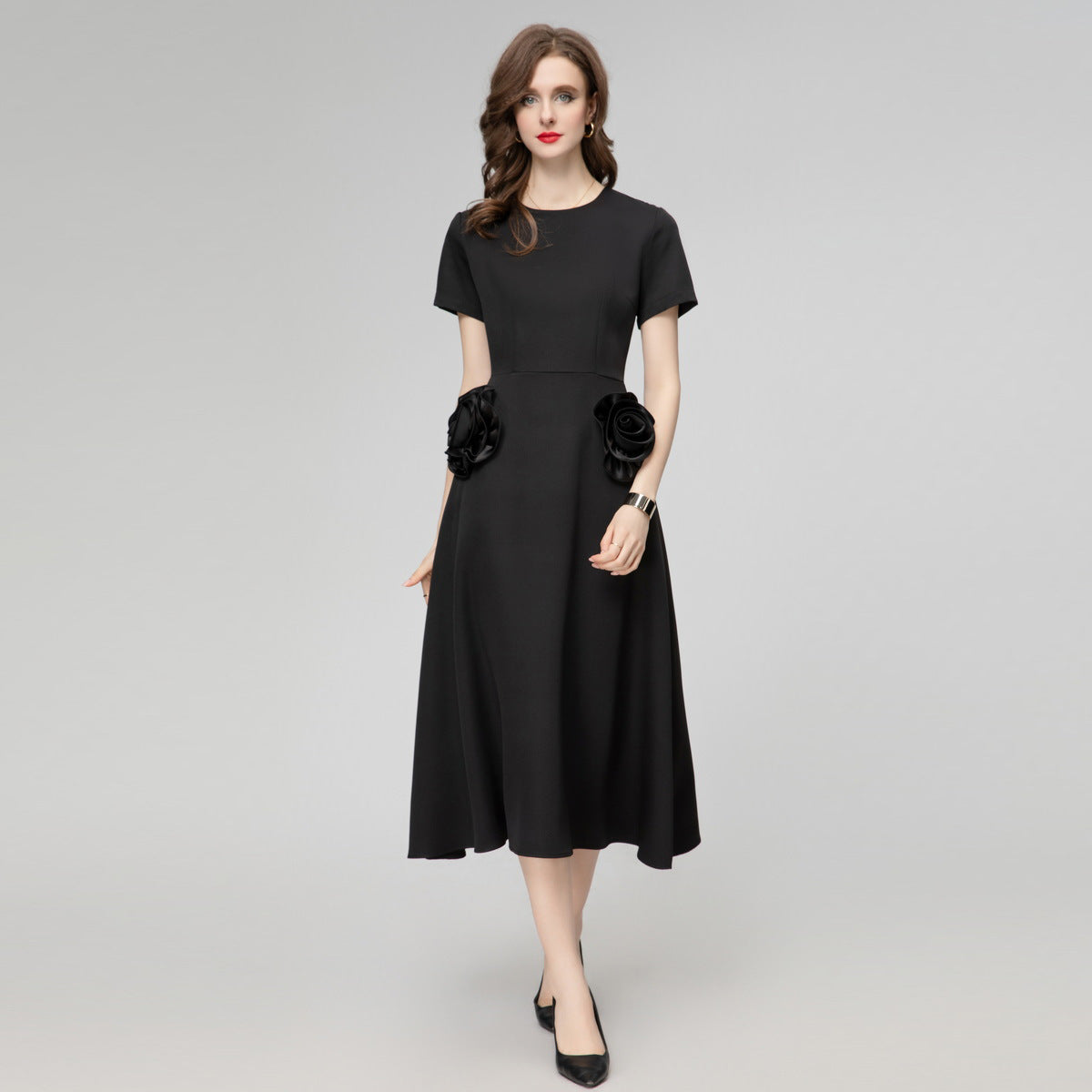 Kvinnors Rund Klänning Blommönster Bomull Polyester-1