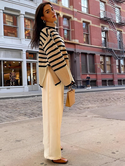 Dam Turtleneck Tröja Randig Mjuk Stickad-4