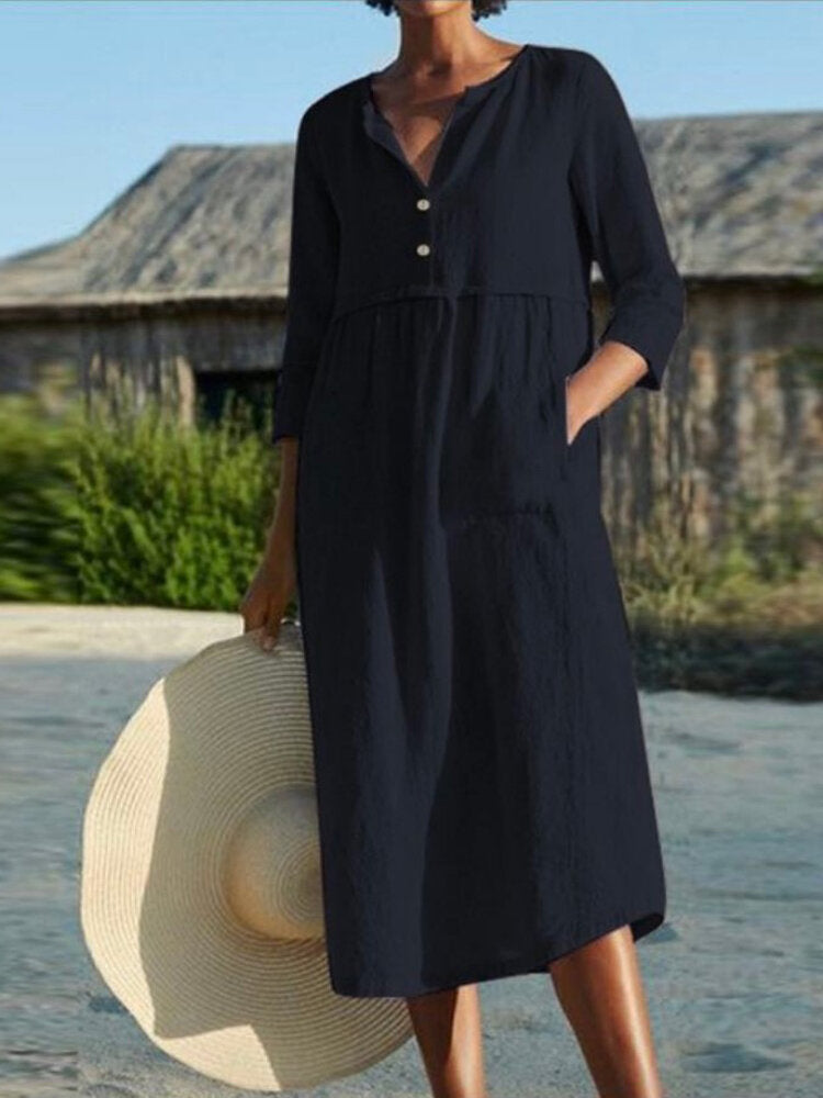 Variant image for Dam Klänning Midi Halv Öppen Knapp Bomull med Framfickor-25