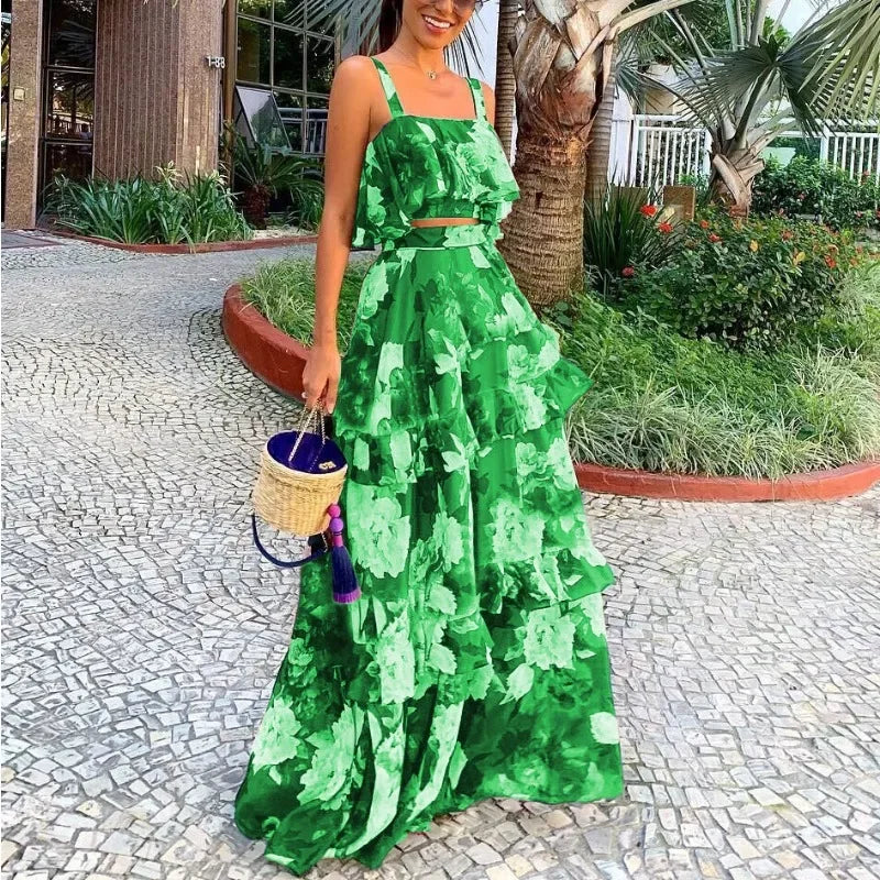 Dam Rockuppsättning Blommig Design Tvådelad Lätt Tyg-1