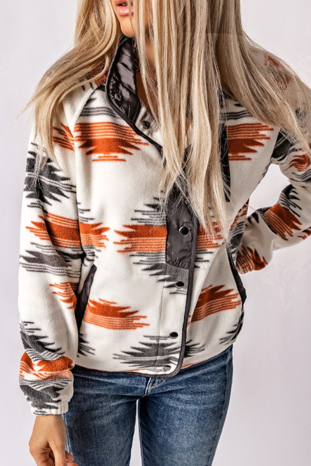 Damen-Strickpullover, geometrisches Muster mit Druckknöpfe aus weicher Qualität-4