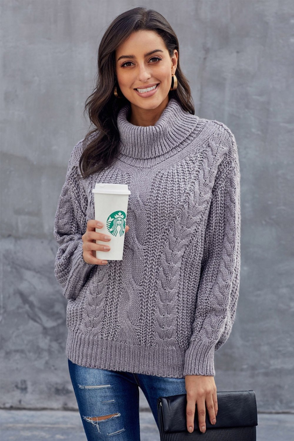Dam Tröja Långärmad Kabelstickad Akryl-Bomull 5