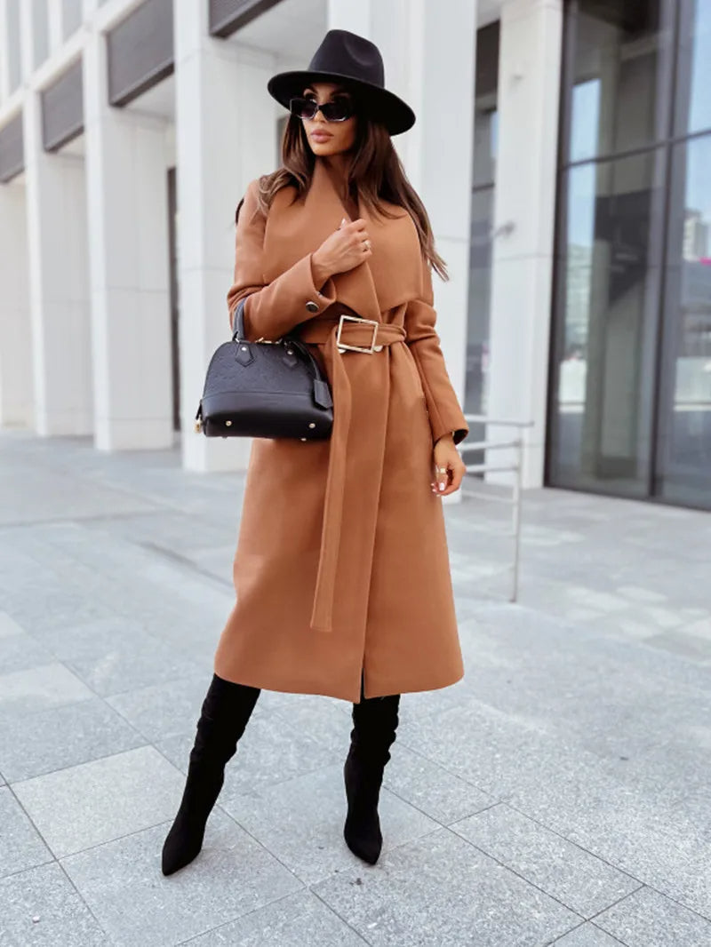 Lång Trenchcoat Dam med V-hals och Bälte i Polyester – Modern och Elegant För Kalla Dagar 1