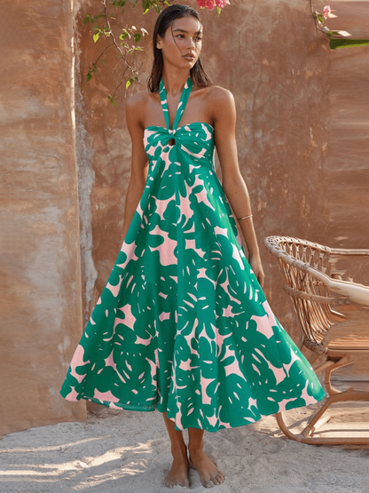 Kvinnors Blommig Hållarklänning Lätt Material Flödande Silhuett-2