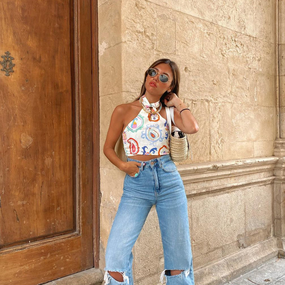 Dam Haltertop Färgglad Polyester Sommarstil-2