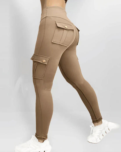 Dam Leggings Hög Midja Sportiga med Lastväskor i Stretchigt Material-5