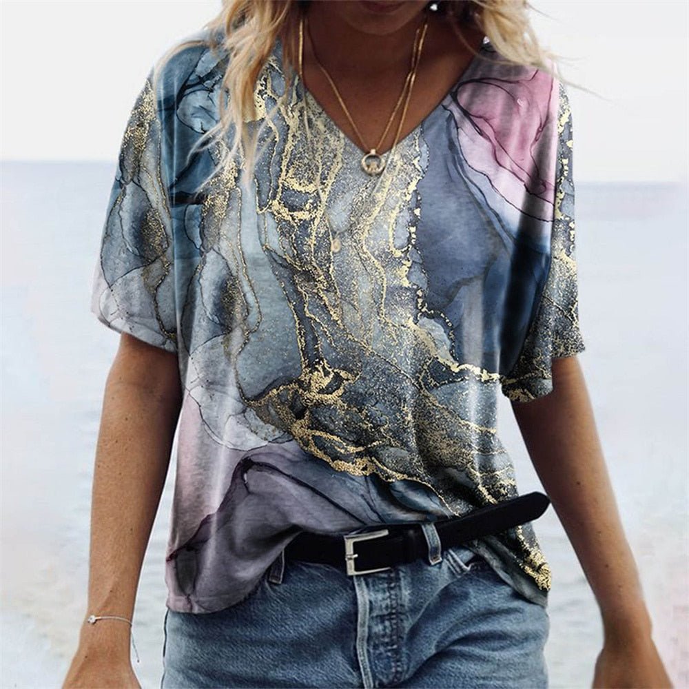 Dam T-shirt Boho Stil V-ringning Marmor Mönster Polyester 10