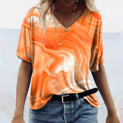 Dam T-shirt Boho Stil V-ringning Marmor Mönster Polyester 2