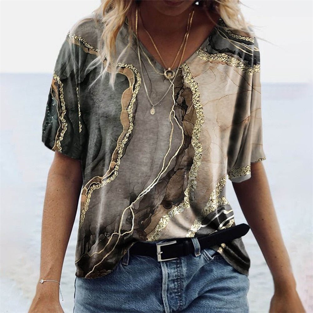 Dam T-shirt Boho Stil V-ringning Marmor Mönster Polyester 6