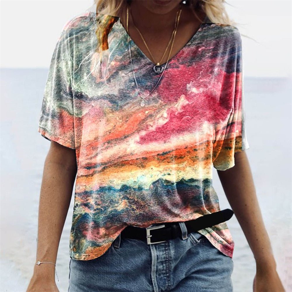 Dam T-shirt Boho Stil V-ringning Marmor Mönster Polyester 3