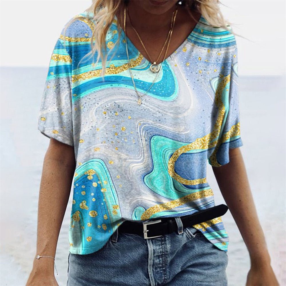 Dam T-shirt Boho Stil V-ringning Marmor Mönster Polyester 1