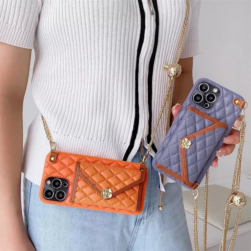 Kvinnors iPhone Fodral Plånboksfodral Med Diamantmönster och Avtagbar Kedja-2